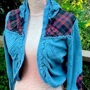 Nappytabs lightweight cotton cropped open front blue red plaid detail stretch M